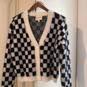 Industry | Women | Black White Checkered Fluffy Knit Button Up Cardigan | Medium